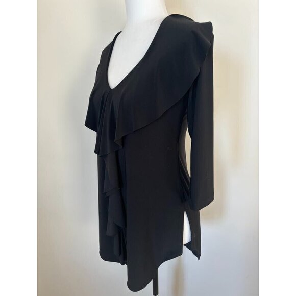 SYMPLI Tunic Blouse Top Size 4 Black 3/4 Sleeves Ruffle Neckline Front Stretch - Picture 4 of 7